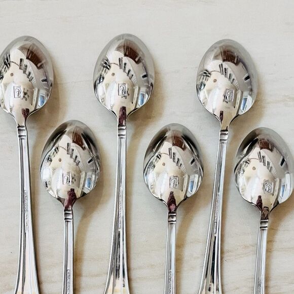 6pc WATERFORD Mont Clare Soup Spoon 7 1/8” Stainless Ridged Handle Flare Tip - Picture 5 of 8